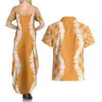 Hawaii Aloha Plumeria Lei Orange Palaka Couples Matching Summer Maxi Dress and Hawaiian Shirt LT7 - Polynesian Pride