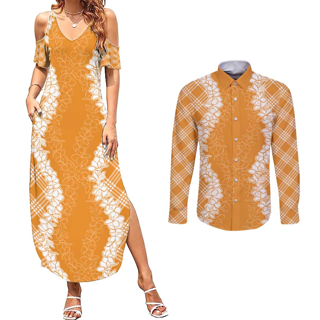 Hawaii Aloha Plumeria Lei Orange Palaka Couples Matching Summer Maxi Dress and Long Sleeve Button Shirt LT7 Orange - Polynesian Pride