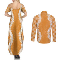 Hawaii Aloha Plumeria Lei Orange Palaka Couples Matching Summer Maxi Dress and Long Sleeve Button Shirt LT7 - Polynesian Pride