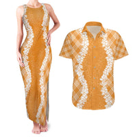 Hawaii Aloha Plumeria Lei Orange Palaka Couples Matching Tank Maxi Dress and Hawaiian Shirt LT7 Orange - Polynesian Pride