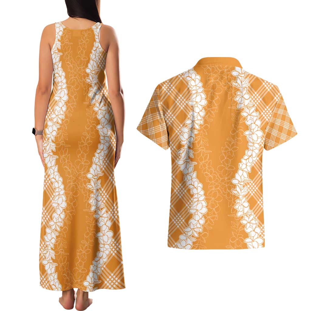 Hawaii Aloha Plumeria Lei Orange Palaka Couples Matching Tank Maxi Dress and Hawaiian Shirt LT7 - Polynesian Pride