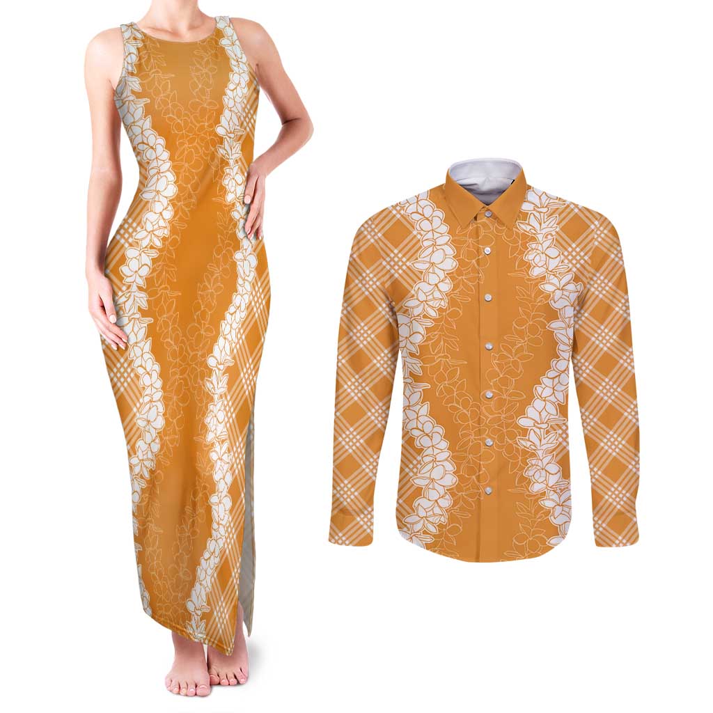 Hawaii Aloha Plumeria Lei Orange Palaka Couples Matching Tank Maxi Dress and Long Sleeve Button Shirt LT7 Orange - Polynesian Pride