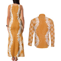 Hawaii Aloha Plumeria Lei Orange Palaka Couples Matching Tank Maxi Dress and Long Sleeve Button Shirt LT7 - Polynesian Pride