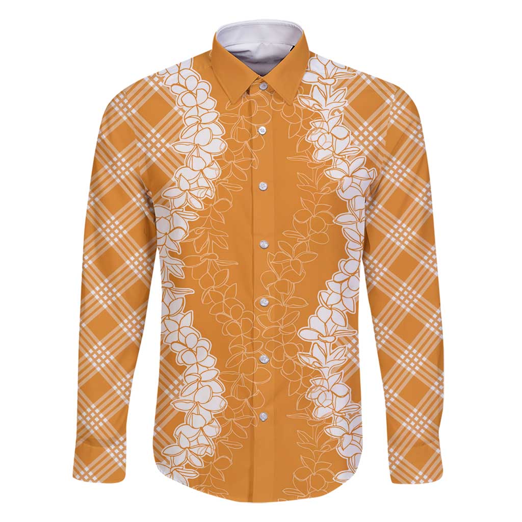 Hawaii Aloha Plumeria Lei Orange Palaka Family Matching Long Sleeve Bodycon Dress and Hawaiian Shirt LT7 Dad's Shirt - Long Sleeve Orange - Polynesian Pride
