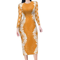 Hawaii Aloha Plumeria Lei Orange Palaka Family Matching Long Sleeve Bodycon Dress and Hawaiian Shirt LT7 Mom's Dress Orange - Polynesian Pride