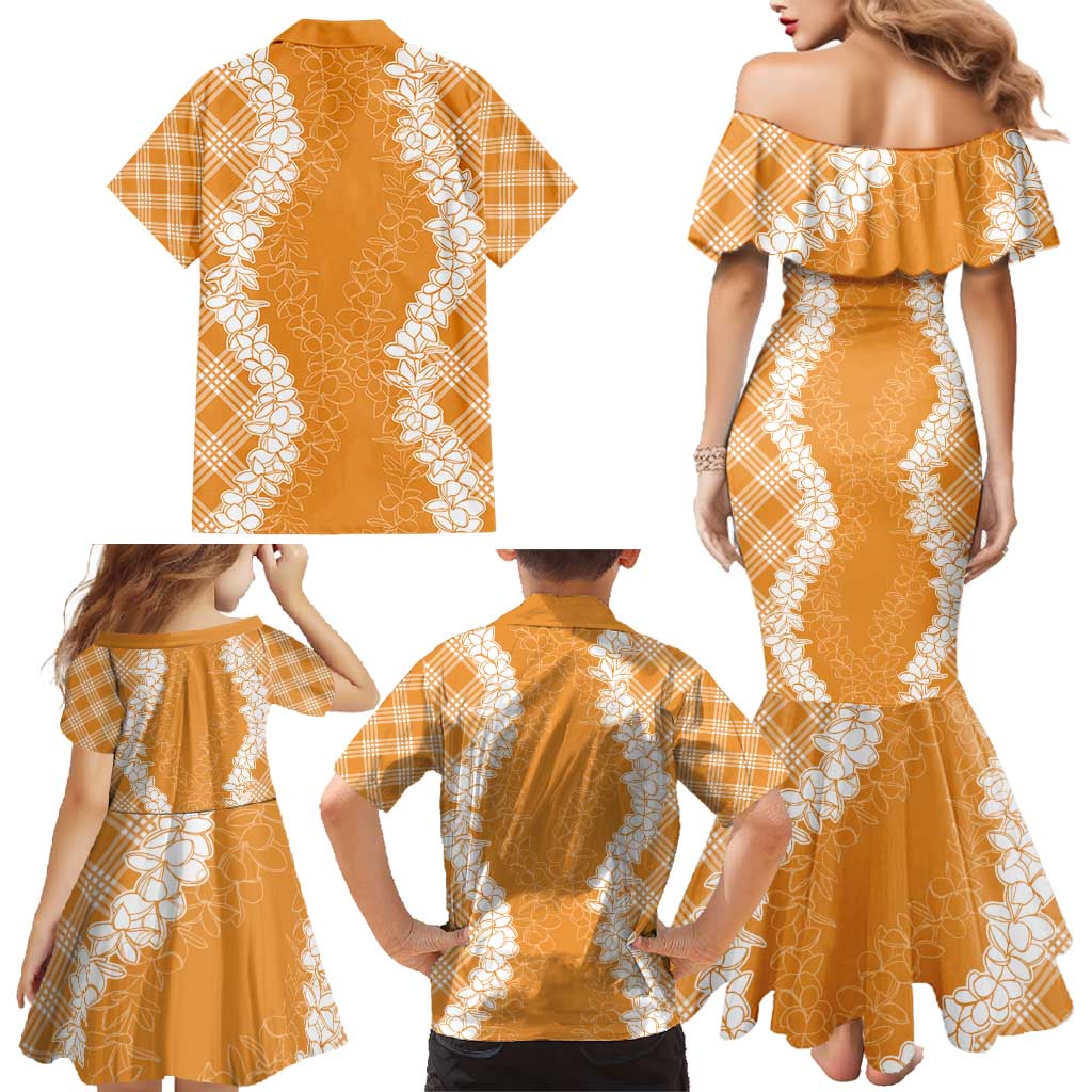 Hawaii Aloha Plumeria Lei Orange Palaka Family Matching Mermaid Dress and Hawaiian Shirt LT7 - Polynesian Pride