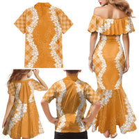 Hawaii Aloha Plumeria Lei Orange Palaka Family Matching Mermaid Dress and Hawaiian Shirt LT7 - Polynesian Pride