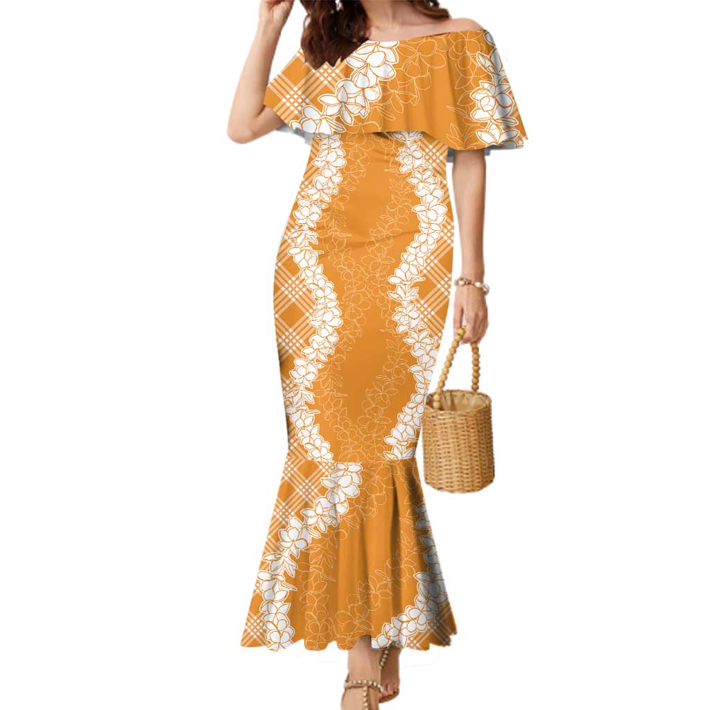 Hawaii Aloha Plumeria Lei Orange Palaka Family Matching Mermaid Dress and Hawaiian Shirt LT7 Mom's Dress Orange - Polynesian Pride