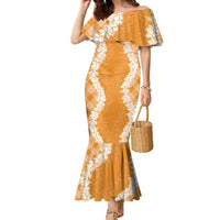 Hawaii Aloha Plumeria Lei Orange Palaka Family Matching Mermaid Dress and Hawaiian Shirt LT7 Mom's Dress Orange - Polynesian Pride