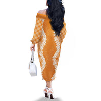 Hawaii Aloha Plumeria Lei Orange Palaka Family Matching Off The Shoulder Long Sleeve Dress and Hawaiian Shirt LT7 - Polynesian Pride