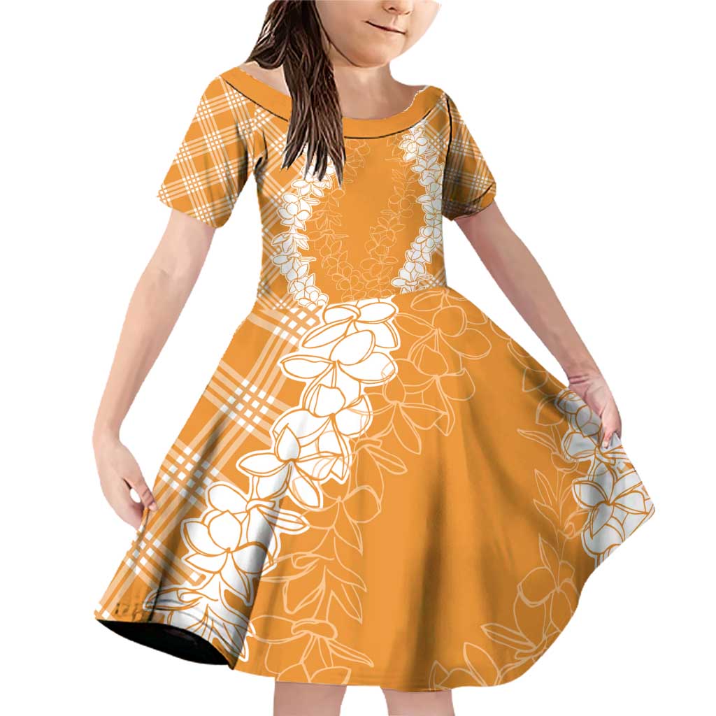 Hawaii Aloha Plumeria Lei Orange Palaka Family Matching Off Shoulder Short Dress and Hawaiian Shirt LT7 Daughter's Dress Orange - Polynesian Pride