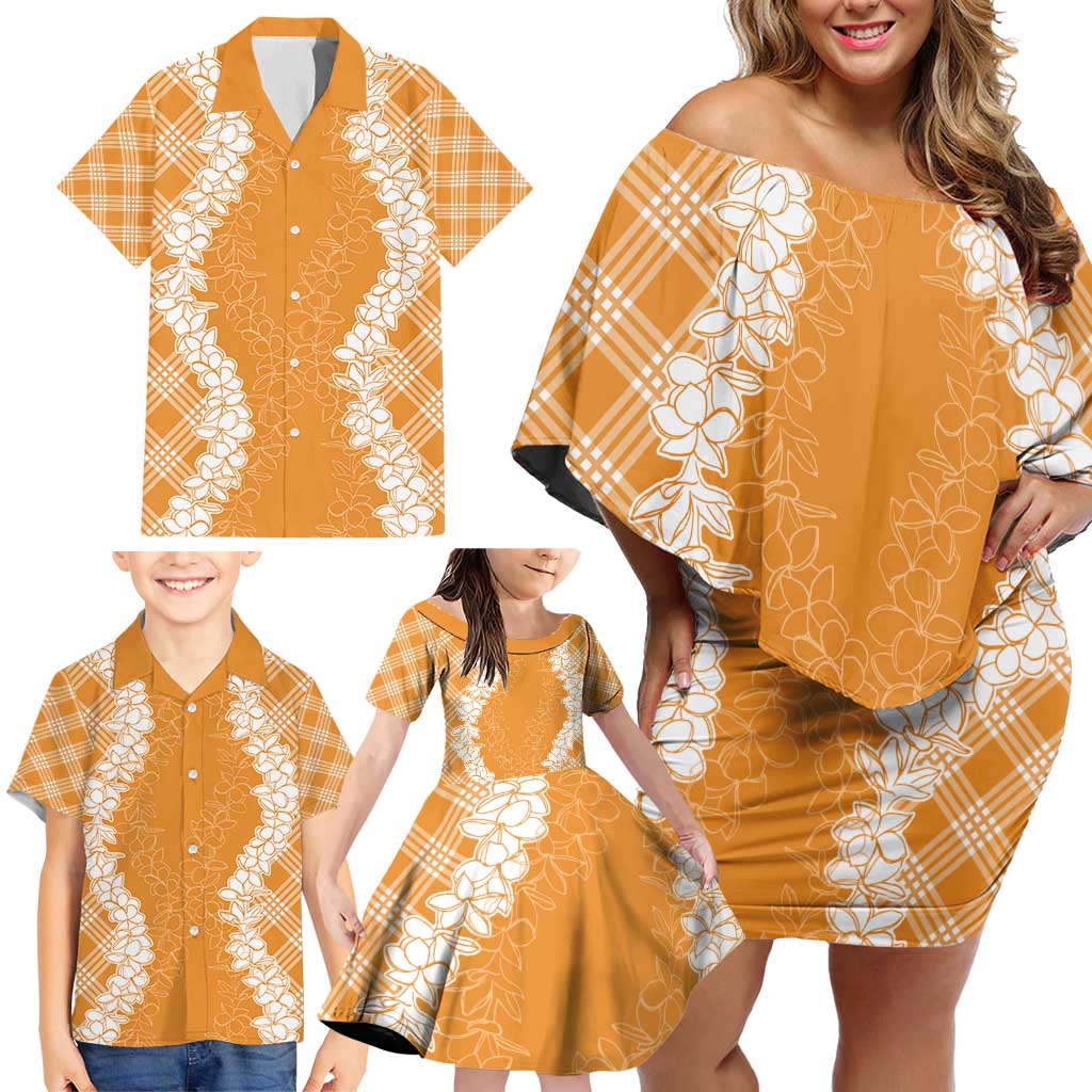 Hawaii Aloha Plumeria Lei Orange Palaka Family Matching Off Shoulder Short Dress and Hawaiian Shirt LT7 - Polynesian Pride