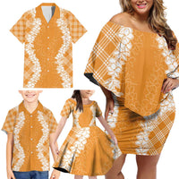 Hawaii Aloha Plumeria Lei Orange Palaka Family Matching Off Shoulder Short Dress and Hawaiian Shirt LT7 - Polynesian Pride