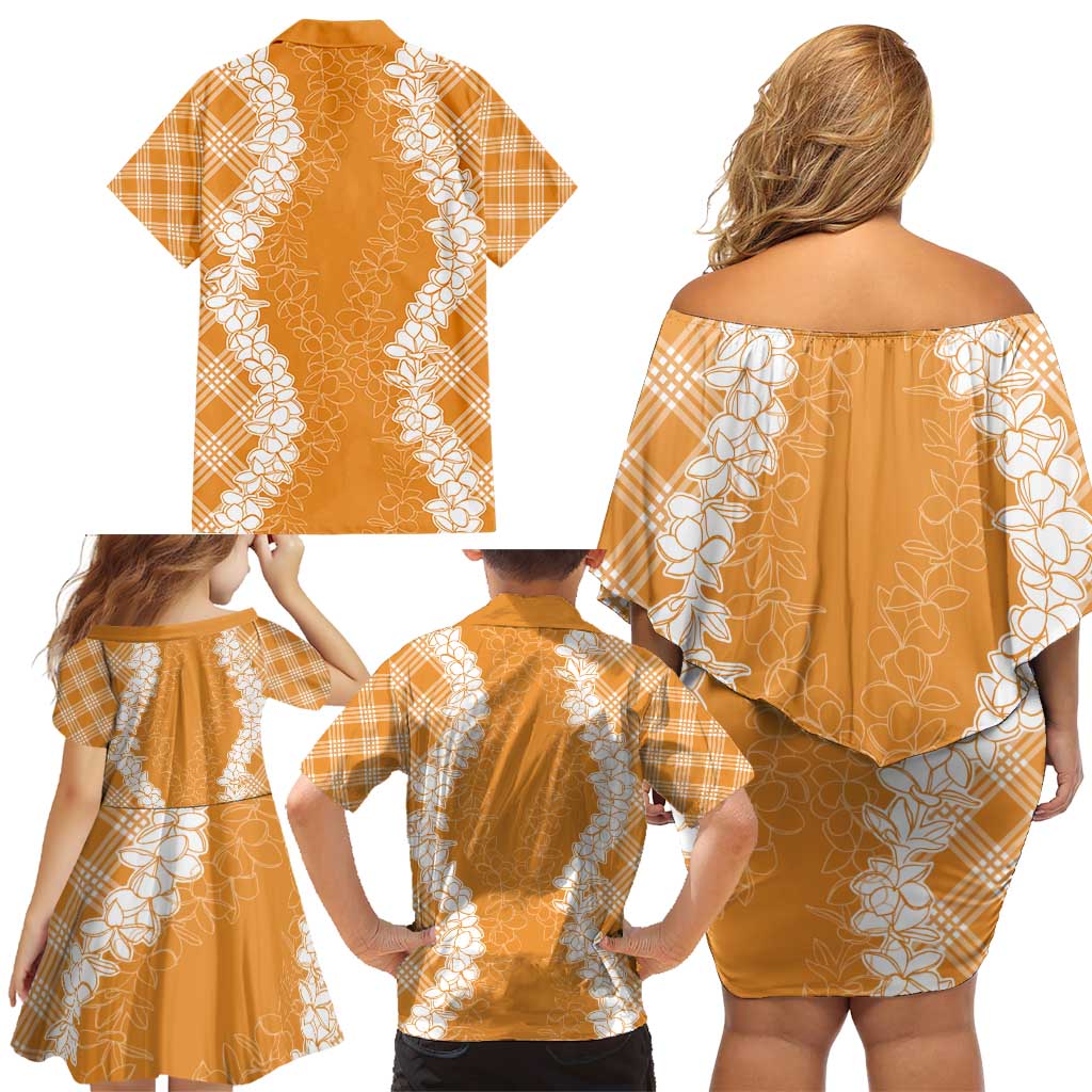 Hawaii Aloha Plumeria Lei Orange Palaka Family Matching Off Shoulder Short Dress and Hawaiian Shirt LT7 - Polynesian Pride