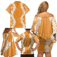 Hawaii Aloha Plumeria Lei Orange Palaka Family Matching Off Shoulder Short Dress and Hawaiian Shirt LT7 - Polynesian Pride