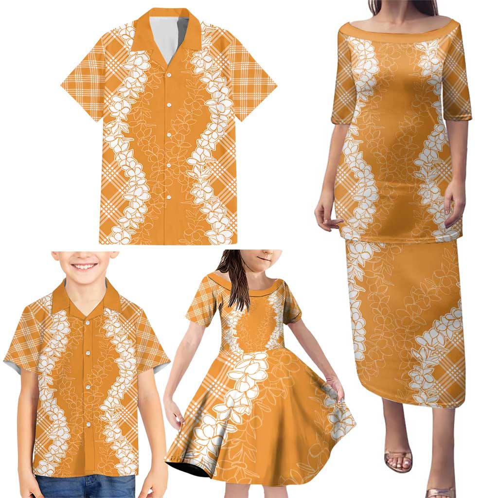 Hawaii Aloha Plumeria Lei Orange Palaka Family Matching Puletasi and Hawaiian Shirt - Polynesian Pride