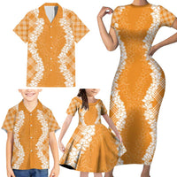 Hawaii Aloha Plumeria Lei Orange Palaka Family Matching Short Sleeve Bodycon Dress and Hawaiian Shirt LT7 - Polynesian Pride
