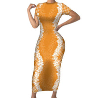 Hawaii Aloha Plumeria Lei Orange Palaka Family Matching Short Sleeve Bodycon Dress and Hawaiian Shirt LT7 Mom's Dress Orange - Polynesian Pride