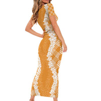 Hawaii Aloha Plumeria Lei Orange Palaka Family Matching Short Sleeve Bodycon Dress and Hawaiian Shirt LT7 - Polynesian Pride