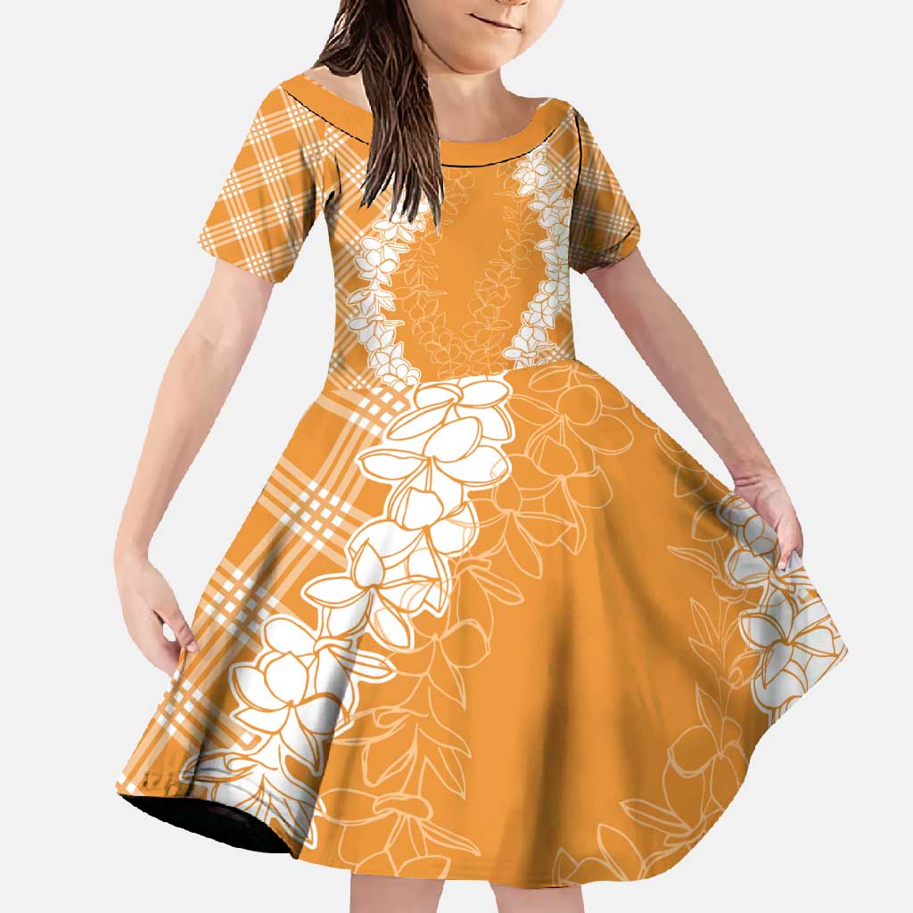 Hawaii Aloha Plumeria Lei Orange Palaka Family Matching Summer Maxi Dress and Hawaiian Shirt LT7 Daughter's Dress Orange - Polynesian Pride