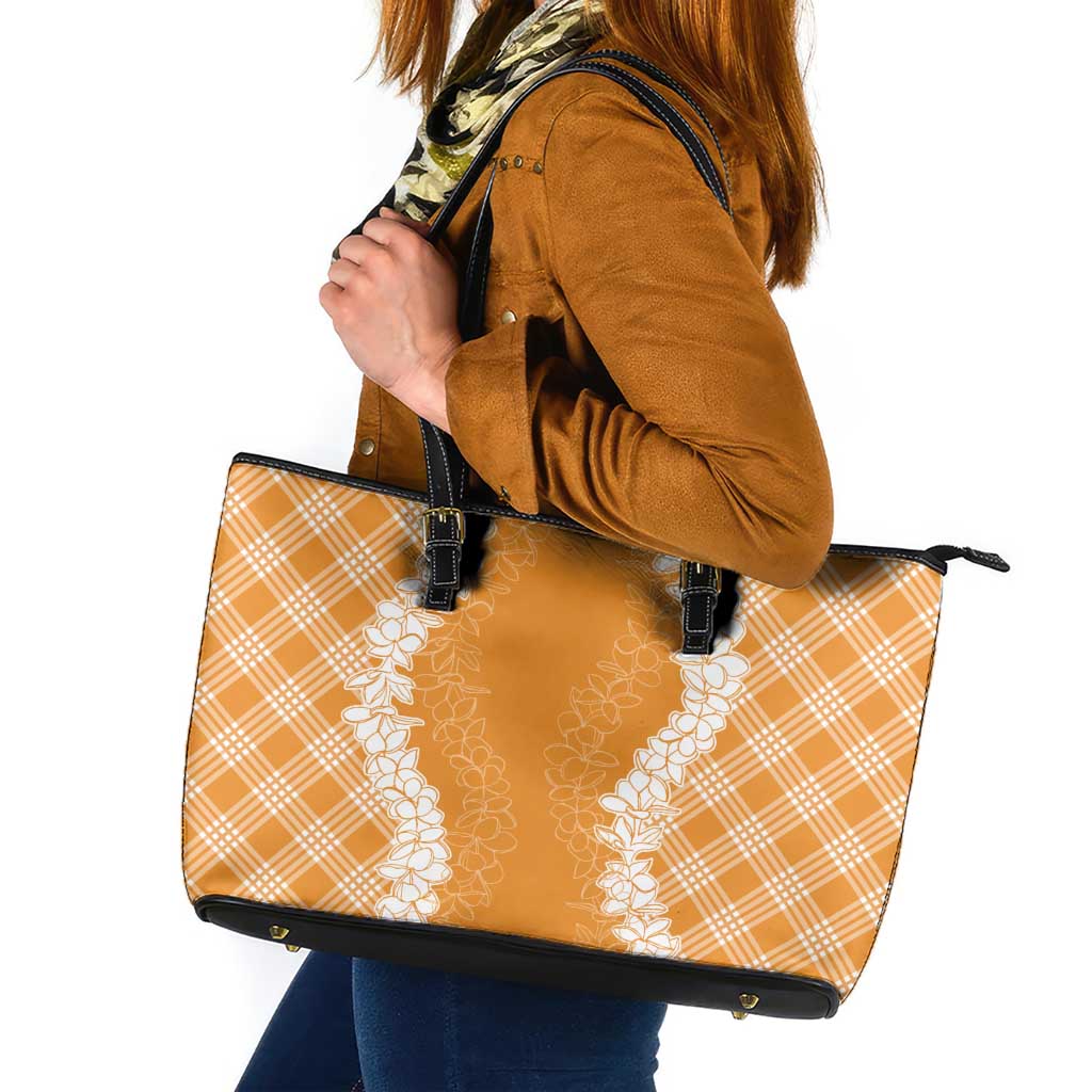 Hawaii Aloha Plumeria Lei Orange Palaka Leather Tote Bag - Polynesian Pride