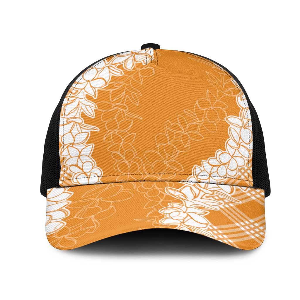 Hawaii Aloha Plumeria Lei Orange Palaka Mesh Trucker Cap - Polynesian Pride