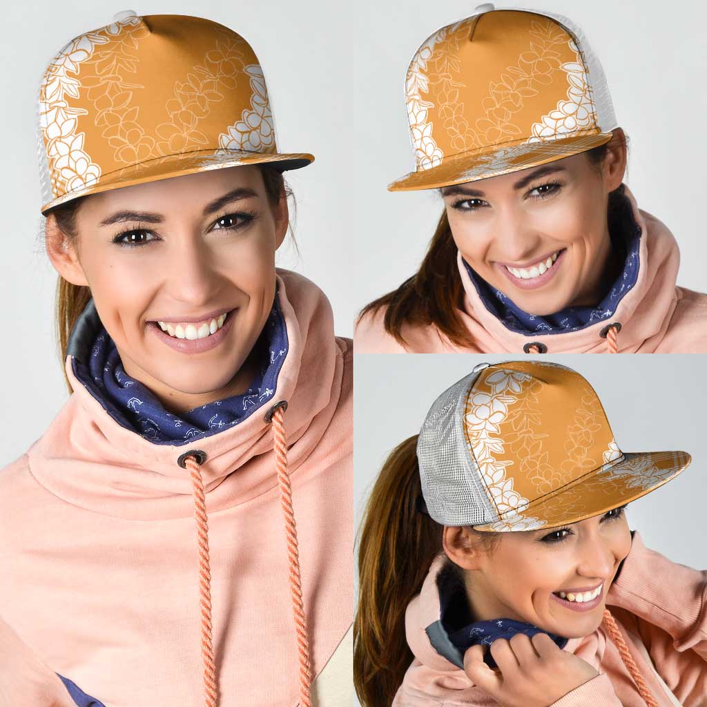 Hawaii Aloha Plumeria Lei Orange Palaka Mesh Trucker Cap - Polynesian Pride