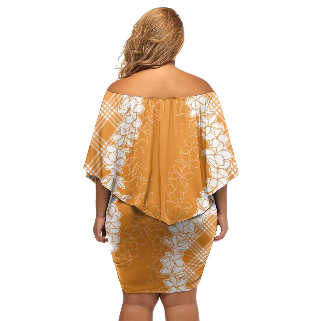 Hawaii Aloha Plumeria Lei Orange Palaka Off Shoulder Short Dress - Polynesian Pride