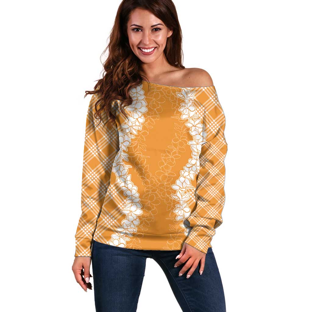 Hawaii Aloha Plumeria Lei Orange Palaka Off Shoulder Sweater - Polynesian Pride