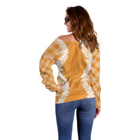 Hawaii Aloha Plumeria Lei Orange Palaka Off Shoulder Sweater - Polynesian Pride