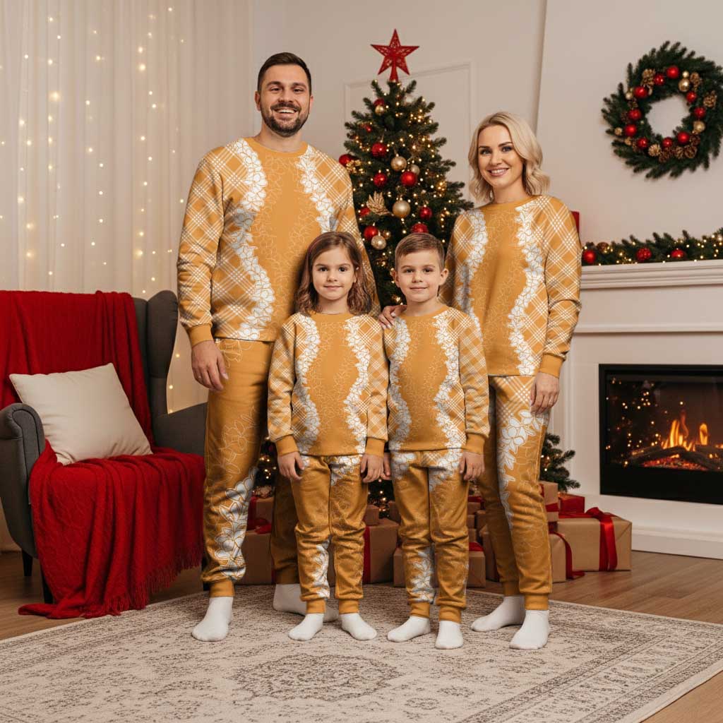 Hawaii Aloha Plumeria Lei Orange Palaka Christmas Pajama Set - Polynesian Pride