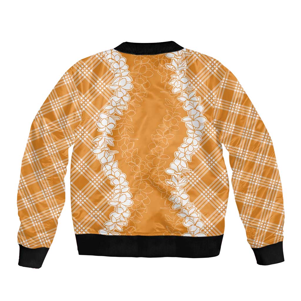 Hawaii Aloha Plumeria Lei Orange Palaka Sleeve Zip Bomber Jacket - Polynesian Pride