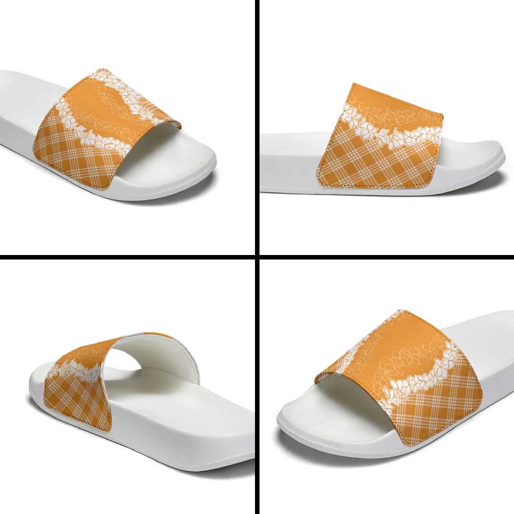 Hawaii Aloha Plumeria Lei Orange Palaka Slide Sandals - Polynesian Pride