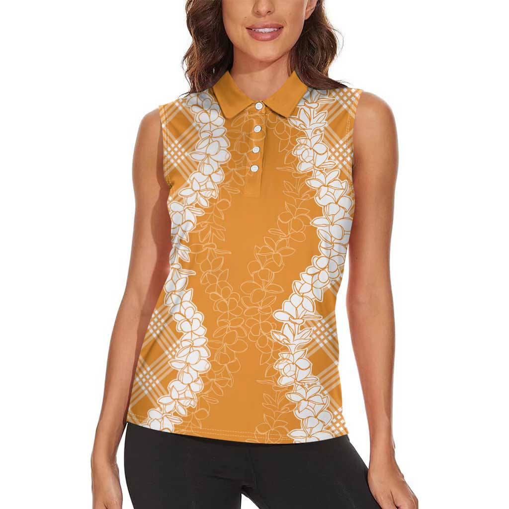 Hawaii Aloha Plumeria Lei Orange Palaka Women Sleeveless Polo Shirt LT7 - Polynesian Pride