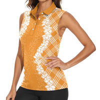 Hawaii Aloha Plumeria Lei Orange Palaka Women Sleeveless Polo Shirt LT7 - Polynesian Pride