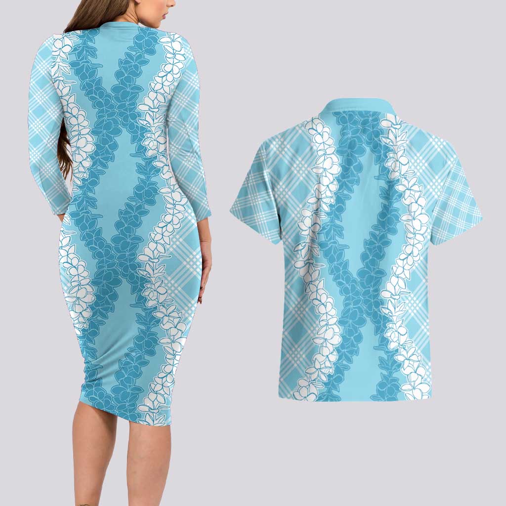 Hawaii Aloha Plumeria Lei Turquoise Palaka Couples Matching Long Sleeve Bodycon Dress and Hawaiian Shirt LT7 - Polynesian Pride