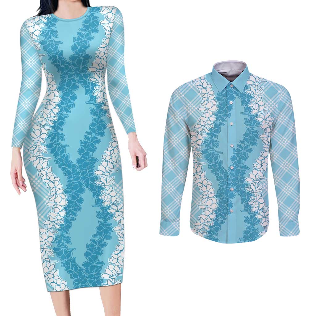 Hawaii Aloha Plumeria Lei Turquoise Palaka Couples Matching Long Sleeve Bodycon Dress and Long Sleeve Button Shirt LT7 Turquoise - Polynesian Pride