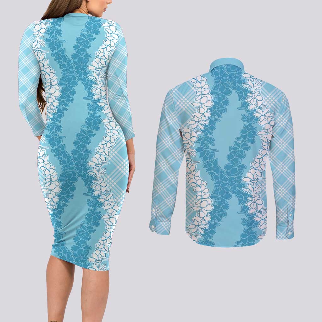 Hawaii Aloha Plumeria Lei Turquoise Palaka Couples Matching Long Sleeve Bodycon Dress and Long Sleeve Button Shirt LT7 - Polynesian Pride