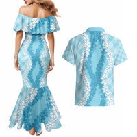 Hawaii Aloha Plumeria Lei Turquoise Palaka Couples Matching Mermaid Dress and Hawaiian Shirt LT7 - Polynesian Pride
