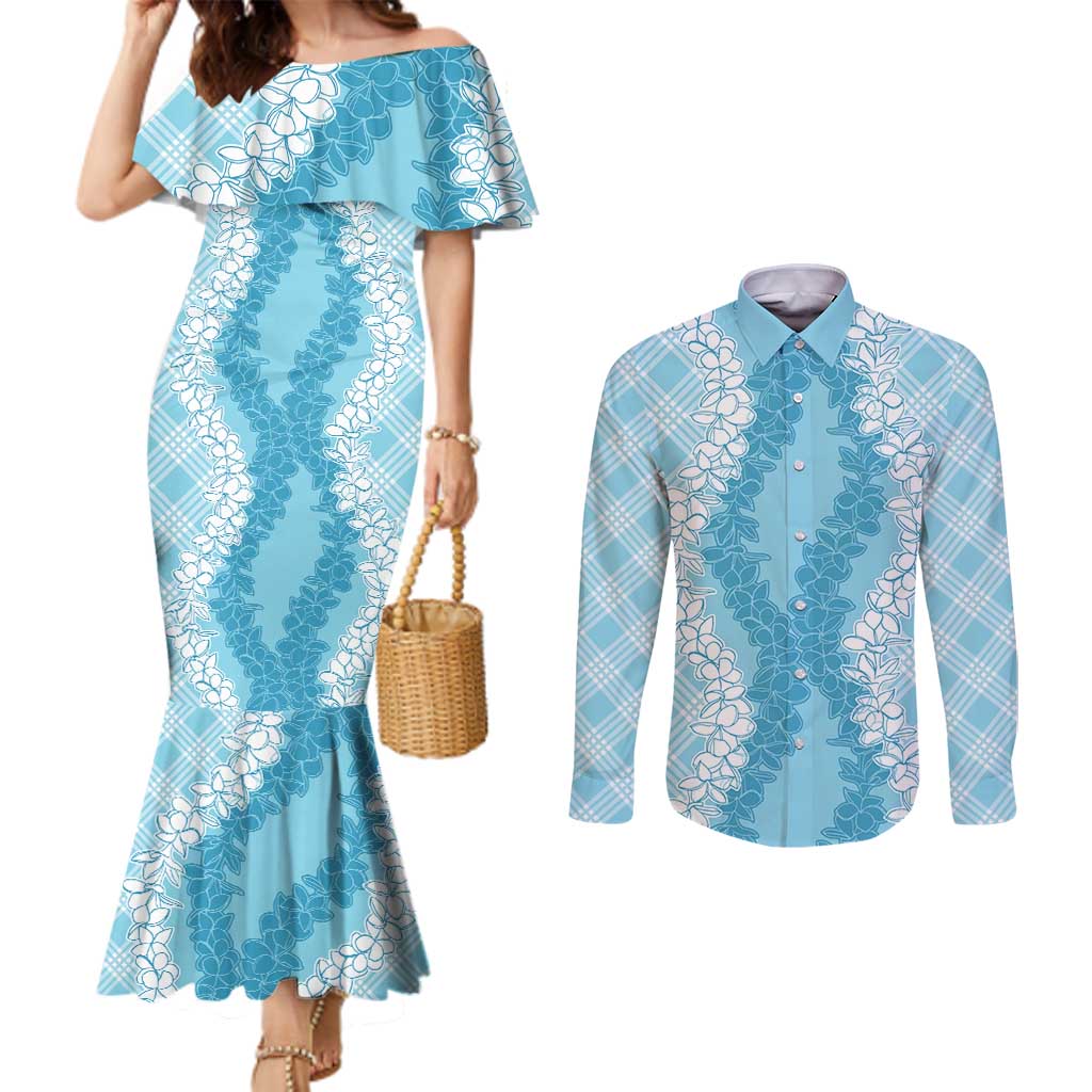 Hawaii Aloha Plumeria Lei Turquoise Palaka Couples Matching Mermaid Dress and Long Sleeve Button Shirt LT7 Turquoise - Polynesian Pride