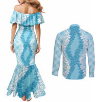 Hawaii Aloha Plumeria Lei Turquoise Palaka Couples Matching Mermaid Dress and Long Sleeve Button Shirt LT7 - Polynesian Pride