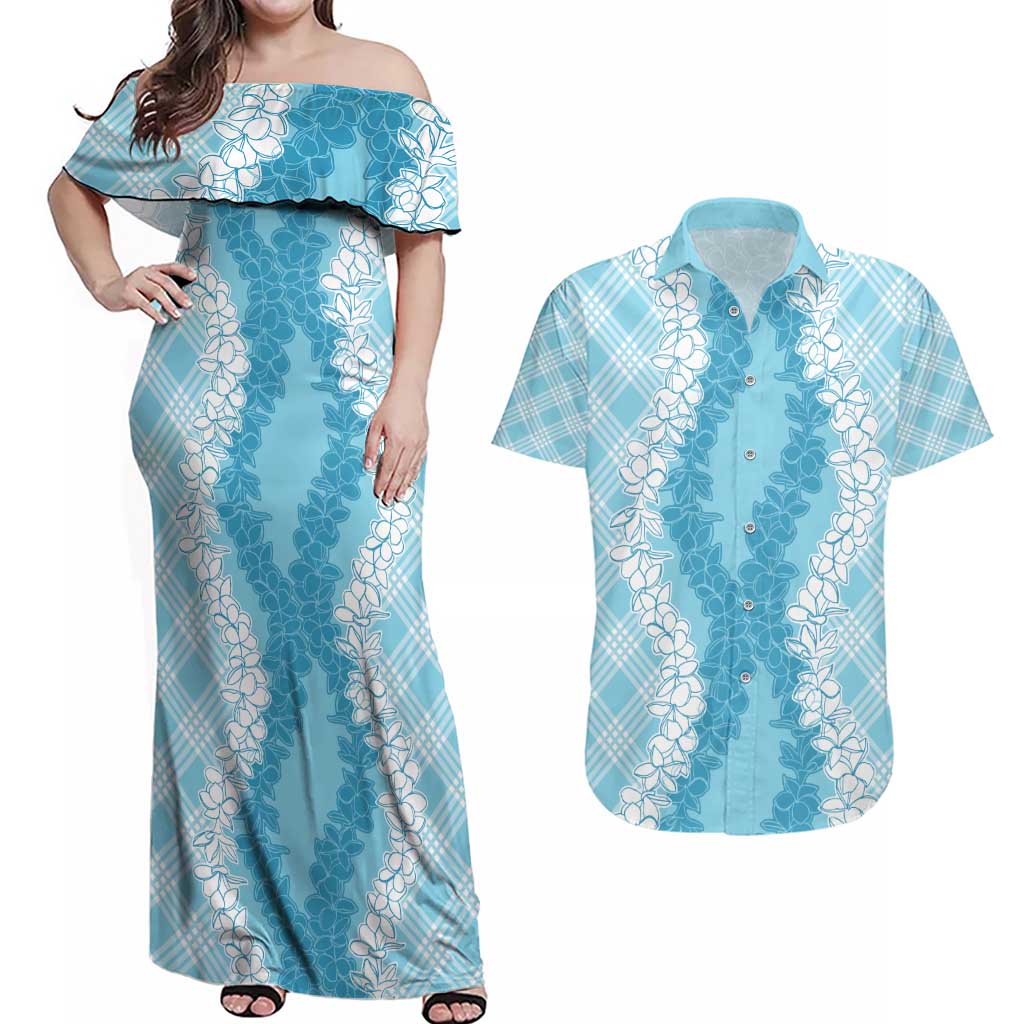 Hawaii Aloha Plumeria Lei Turquoise Palaka Couples Matching Off Shoulder Maxi Dress and Hawaiian Shirt LT7 Turquoise - Polynesian Pride