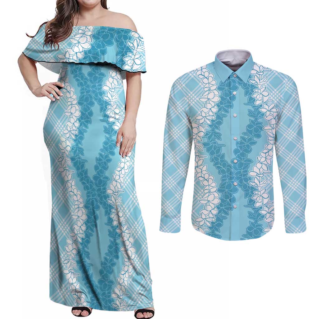 Hawaii Aloha Plumeria Lei Turquoise Palaka Couples Matching Off Shoulder Maxi Dress and Long Sleeve Button Shirt LT7 Turquoise - Polynesian Pride