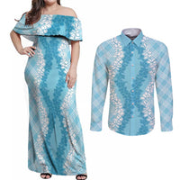 Hawaii Aloha Plumeria Lei Turquoise Palaka Couples Matching Off Shoulder Maxi Dress and Long Sleeve Button Shirt LT7 Turquoise - Polynesian Pride