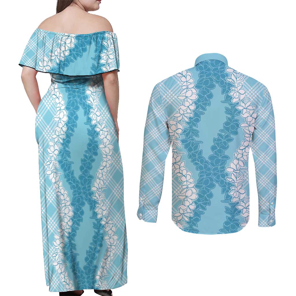 Hawaii Aloha Plumeria Lei Turquoise Palaka Couples Matching Off Shoulder Maxi Dress and Long Sleeve Button Shirt LT7 - Polynesian Pride