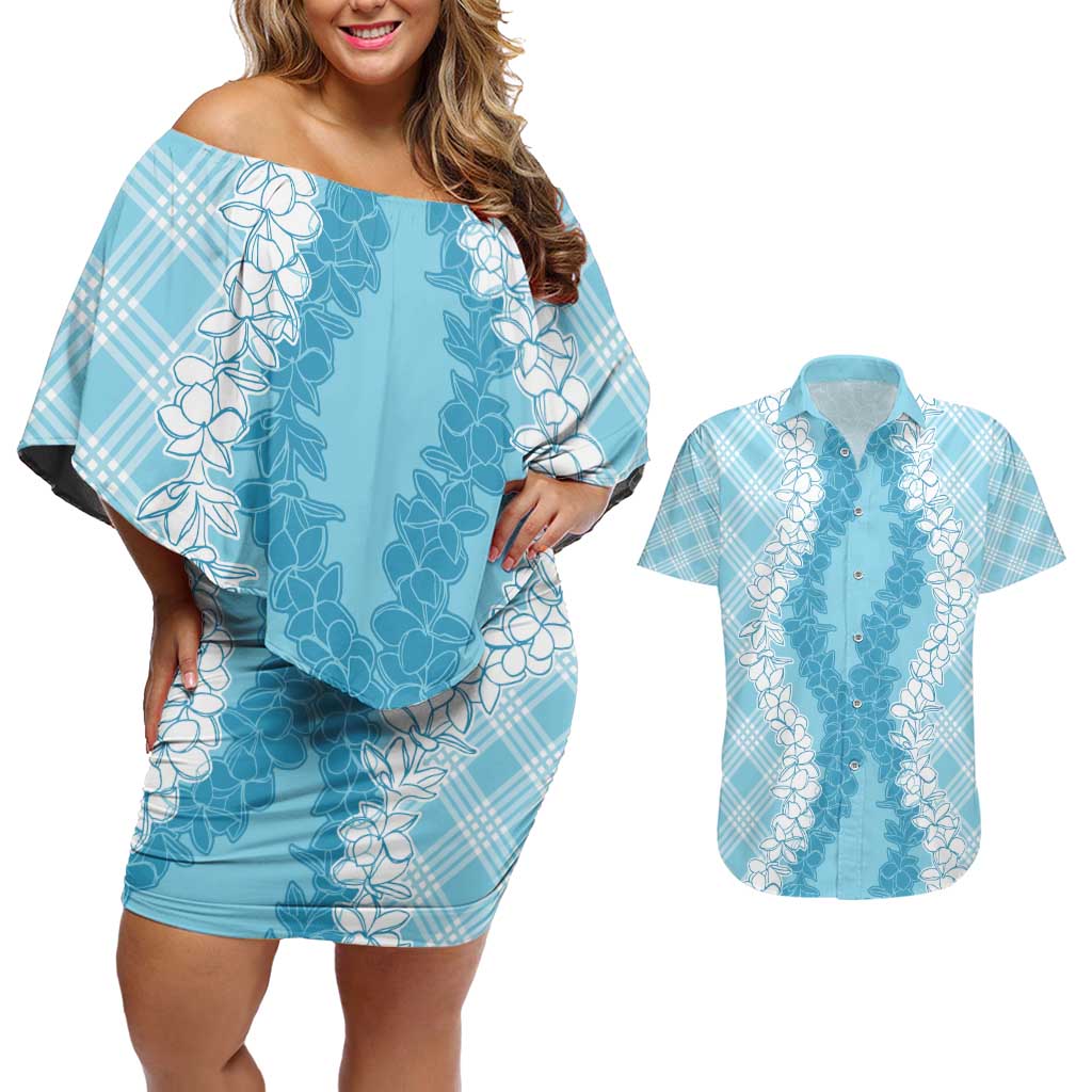 Hawaii Aloha Plumeria Lei Turquoise Palaka Couples Matching Off Shoulder Short Dress and Hawaiian Shirt LT7 Turquoise - Polynesian Pride