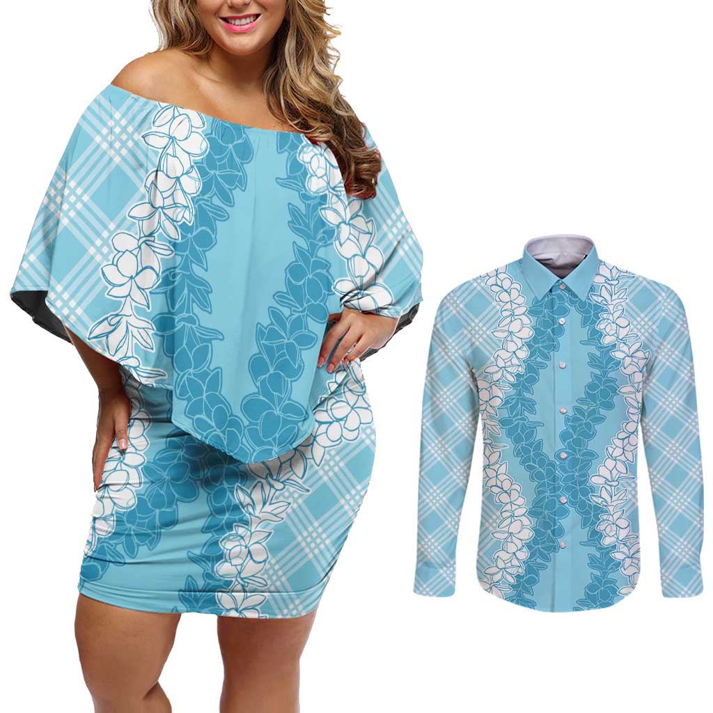 Hawaii Aloha Plumeria Lei Turquoise Palaka Couples Matching Off Shoulder Short Dress and Long Sleeve Button Shirt LT7 Turquoise - Polynesian Pride