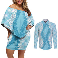 Hawaii Aloha Plumeria Lei Turquoise Palaka Couples Matching Off Shoulder Short Dress and Long Sleeve Button Shirt LT7 Turquoise - Polynesian Pride