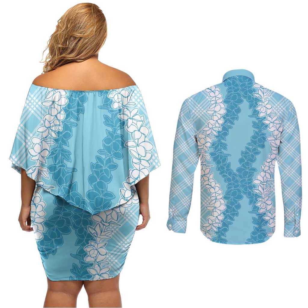 Hawaii Aloha Plumeria Lei Turquoise Palaka Couples Matching Off Shoulder Short Dress and Long Sleeve Button Shirt LT7 - Polynesian Pride