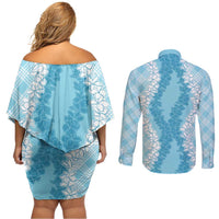 Hawaii Aloha Plumeria Lei Turquoise Palaka Couples Matching Off Shoulder Short Dress and Long Sleeve Button Shirt LT7 - Polynesian Pride